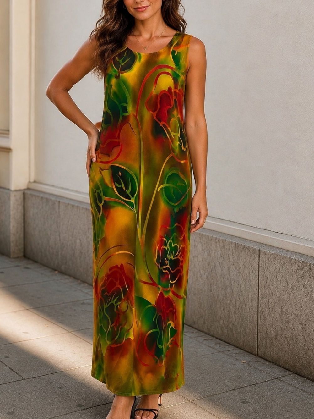 Barcellini Exotic Creations Floral Maxi Dress 14W Sleeveless Boho Art Print